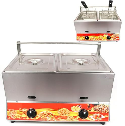 Hsivtns Freidora Gas Industrial, Freidoras con 2 Cestas Grande, Freidora con Tapa, Freidora A Gas de Encimera de Acero Inoxidable para Restaurantes Comerciales y Cocina
