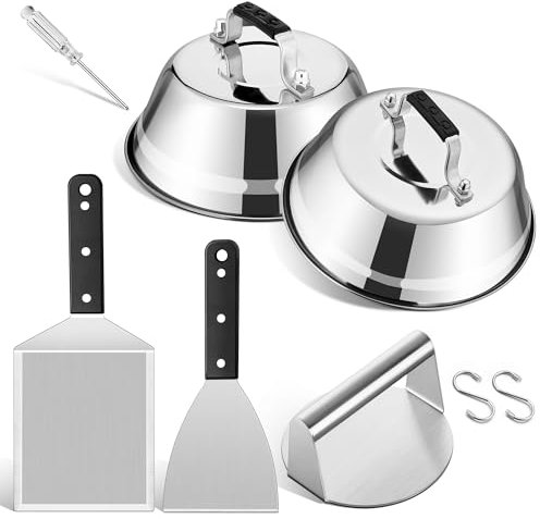 Joyfair Smash Burger Set, Edelstahl Grillbesteck Set mit 2 Burgerglocke und 2 Grillspachtel, Grill BBQ Plancha Zubehör für Außen & Innen, Camping- und Grillfreunde