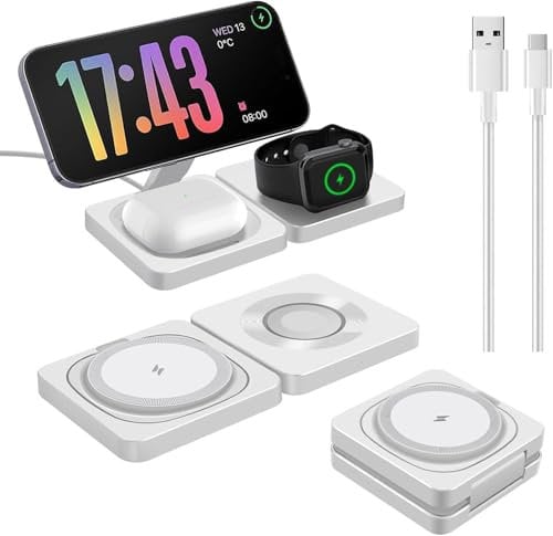 Chargeur Induction Station de Charge sans Fil Rapide Compatible Magnétique, Appareils Multiples pour iPhone 16 15 14 13 12 Pro/Max/Plus, Apple Watch 10 Ultra 9 8 SE 7 6 5 4 3 2, pods Pro 2/3/Pro/4
