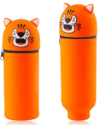 DEZP 1 Stück Kawaii Pencil Case 2 In 1 Soft Silicone Federmäppchen 18.5 * 6.5Cm, Multifunktions Tiere Theme Pen Holder Zipper Colored Pencils Marker, stifte mäppchen Für Legami Pens(Hai,C) (Tiger)