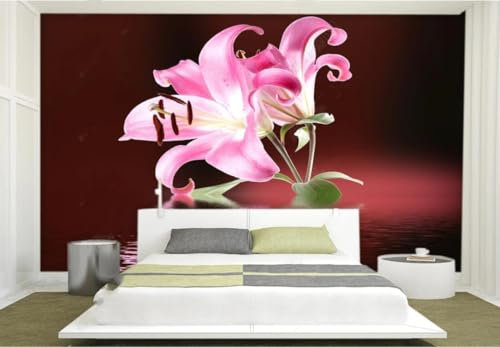STROXTH WALLPAPER Papier Peint Panoramique Soie Sur Mesure 3D Fleur Mur D'Arrière-Plan Moderne Et Simple De Lys Roses Reflétant L'Océan 350cmx245cm Chambre Adulte Enfant Zen Poster Geant Mural