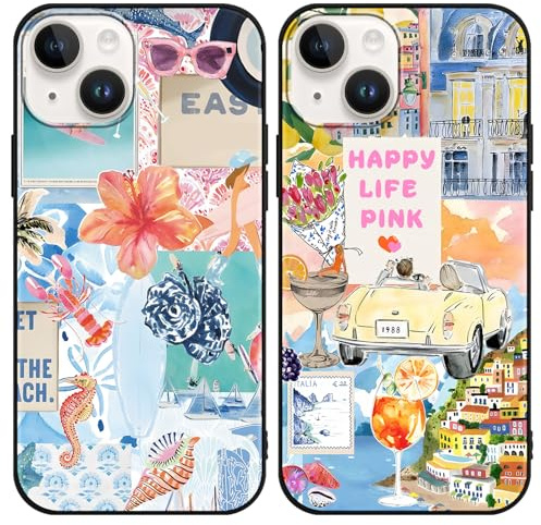 Phoona 2 Pack Cute Case for iPhone 14 /iPhone 13 6.1, European Collage Preppy Summer Girly Design Pattern for Girls Women, Slim Soft Silicone Shockproof Bumper Protector Cover, Blue 03