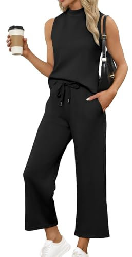 Topassion Zweiteiler Damen Ärmellose/Kurzarm Hosen Mit Weites Bein Hosenanzug 2 Teilig Leicht Tshirt Und Hose Elegant Sommeranzug Casual Sommer Outfits Bequem Jogginganzug Business Anzug(Black,M)