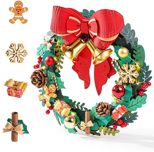 Rolife Rompecabezas 3D para adultos, coronas de Navidad para puerta delantera, corona de eucalipto artificial para todas las estaciones, corona interior y exterior con lazo rojo y campana dorada, LED