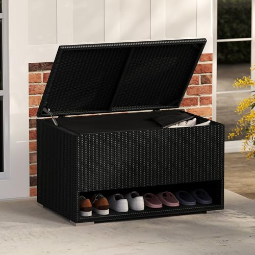 LIFEZEAL Polyrattan Auflagenbox wetterfest, 186L Aufbewahrungsbox mit Schuhregal, Gartenbox Gartentruhe mit Schutzfutter, Rattan Kissentruhe Outdoor, 95 x 60 x 58 cm (Schwarz)
