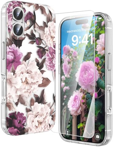 zelaxy Compatible with iPhone 17 Case, Floral Patterns Protective Cover with Screen Protector, Anti-Yellow Shockproof Cases for iPhone 17 6.3'' 2025-Flower Rose