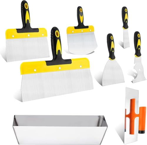 Spachtel Set aus Edelstahl, 8-teiliges Spachtel Werkzeug enthält Breite Tapeten Spachtel und Spachtelkasten, Trockenbaumesser Set für Trockenbau Verputzen
