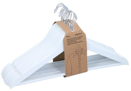 alpina Kleiderbügel Holz Set 10 Stück – Bügel für Breite Schulter – Kleiderbügel Weiß mit Anti‑Rutsch – Hosenbügel - Hangers Clothes mit Drehhaken