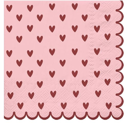 RUSPEPA 50-Piece Pink Heart Paper Napkins - 3-Ply, red Hearts with Scalloped Edge, Romantic Disposable Cocktail Napkins for Valentine’s Day, Wedding, Anniversary, Engagement Table Decor, 12.7x12.7cm