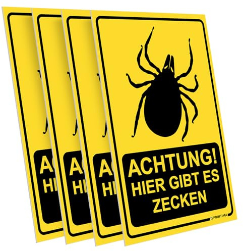 PRINTIMA 4x Schild 21x32 cm ACHTUNG! HIER GIBT ES ZECKEN – wetterfeste Warnschilder aus PVC inkl. Schrauben & Dübel – ideal für Waldgebiete, Wiesen, Spielplätze & Spazierwege