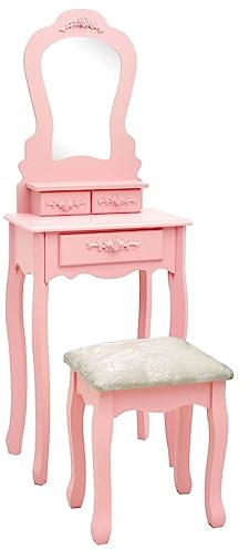 Hoopleep Schminktisch-Set mit Spiegel, Hocker und 3 Schubladen, Rosa Paulownia-Holz, 50x59x136 cm, eleganter Make-up Tisch für Mädchen Schlafzimmer und Jugendzimmer, praktische Aufbewahrung