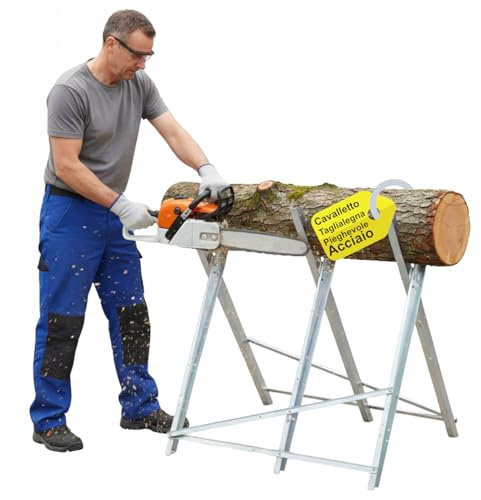 Cavalletto Taglialegna in Acciaio Pieghevole, Cavalletto da Lavoro Portata 100 kg con Profili Dentellati per Tronchi fino a 28 cm - Cavalletto per Taglio Legna Stabile per Motosega o Sega Manuale