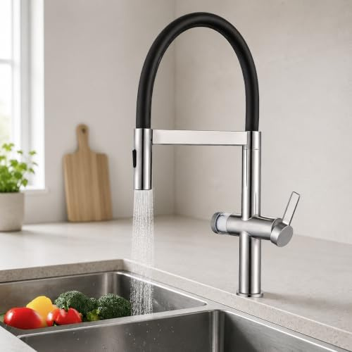 HOMELODY Wasserhahn Küche mit Filter, Hoher Bogen Küchenarmatur mit Ausziehbarer Brause, 360°Drehbar 2 Sprühfunktionen, Magnetrückstellung Mischbatterie Spültischarmatur Küchenarmaturen Chrom/Schwarz