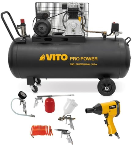 VITO - Luftkompressor, 200 l, 10 bar, 3 kW, 400 l/min + Druckluft-Schlagschrauber 310 Nm + Werkzeug zum Aufblasen, Blasen, Farbe, Garage, Werkstatt