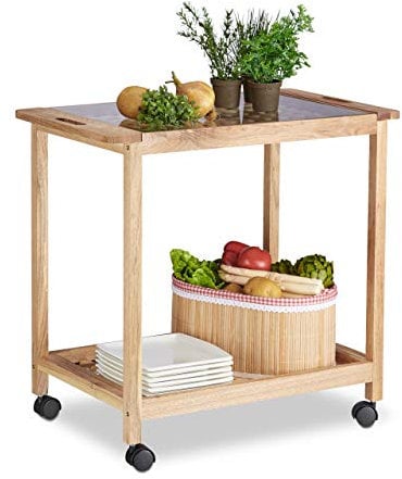 Relaxdays Küchenwagen auf Rollen, Holz Servierwagen mit Glasplatte, 2 Etagen Rollwagen, HxBxT: 62 x 66 x 38 cm, natur, Braun