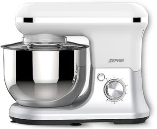 Zephir Impastatrice 1200W 5,2LT Acciaio Bianco, Gancio impastatore, Frusta, Agitatore, 6 velocità con funzione Pulse e LED di funzionamento