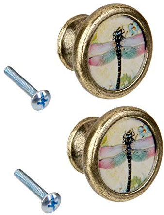 LOVIVER 2 Pack Vintage Brass Cabinet Door Drawer Round Pulls Cupboard Knob Handle Dragonfly Pattern with Screws