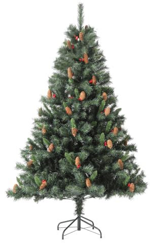 EVRE 5FT Artificial Christmas Tree Green 500 Tips Pine Cones & Red Berries Metal Stand 150cm Small Xmas Tree Indoor Outdoor Holiday Decorations