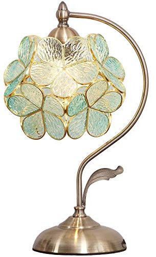 Bieye L30733 Tischlampe im Tiffany-Stil mit Buntglas und Blütenblättern, mit Messingsockel für die Inneneinrichtung (Hellblau, 8 Kirschblüte)