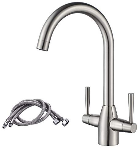 NewEast Kitchen Taps,Modern Double Handle Kitchen Mixer Sink Tap Swivel Spout Brushed Nickel