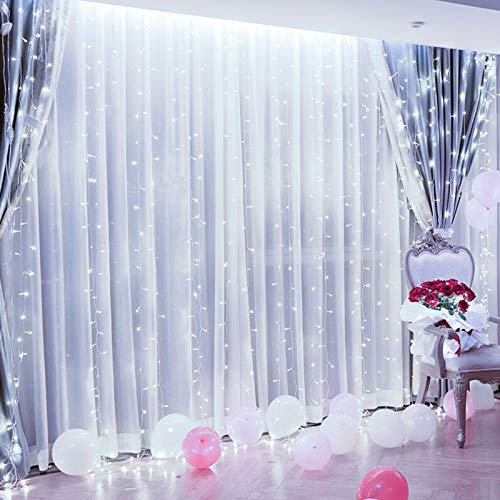 Silingsan Cortina de Luz, Cadena de Luces 600 LED 6 x 3M 8 Modos Impermeable Anticongelante para Bodas Fiesta Navidad Casa Interior Exterior Blanco Frío