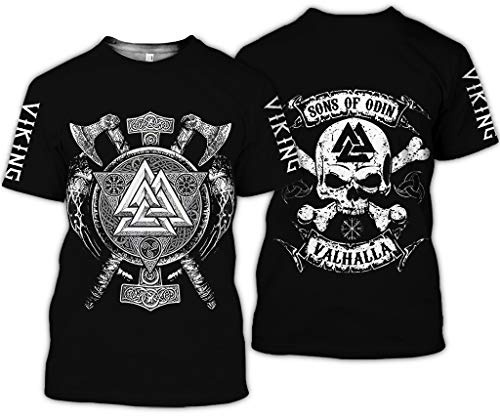 BBYOUTH Wikinger T-Shirt, 3D Bedruckter Nordischer Mythos Thor Hammer Fenrir Wolf Tattoo Kurzarm Cosplay Shirt (11 USA Größe),Sons of Odin,XXL