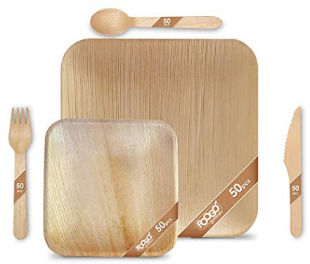 FOOGO Green 250pcs Disposable Palm Leaf Plates and Wooden Cutlery Set, FSC® Certified, 50x Large Square, 50x Small Side Plates, 50x Spoons, 50x Forks, 50x Knives, Biodegradable