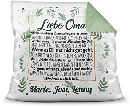 PR Print Royal Kissen inkl. Kissenfüllung mit schönem Spruch für Oma - Wir haben Dich lieb - zum Beschriften mit Wunschnamen - Farbkissen Rückseite Seegrün, 40 x 40 cm
