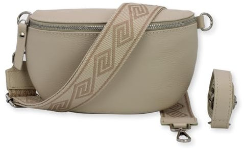 BRISE Bauchtasche Damen Echtes Leder SAHEL Handgemachte Umhängetasche Crossbody Bag Hüfttasche mit Ledergurt + Optionalen Breiten Gemusterten Riemen Gürteltasche Made in Italy (Beige-Silber 3)