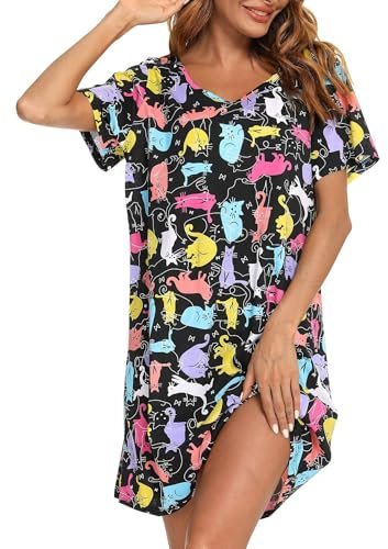 ENJOYNIGHT Womens Nighties Short Sleeve Nightshirt Soft Nightdress for Ladies Summer Loungewear Casual Nightwear (X-Large,Colors Cat)