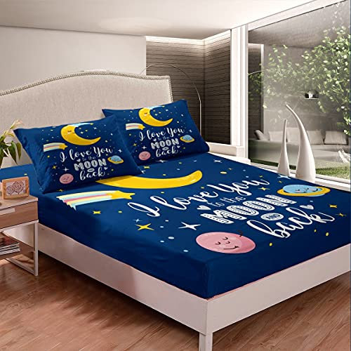 Kinder Mond Spannbettlaken 90x200cm Niedlich Weltraum Planet Spannbetttuch Für Jungen Mädchen Dekor Karikatur Galaxis Gute Nacht Bettlaken Set Universum Schlafzimmer 2St