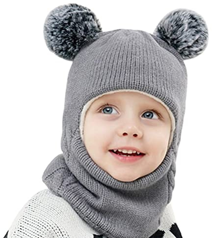 Vintermössa för barn, mjuk stickad mössa hatt halsduk, tjock fleece fodrad varm huva keps med poms för flickor pojkar