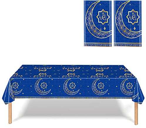 Tischdecke Eid Ramadan - 2 Stück Mond Stern Eid Mubarak Tischdekoration PVC Rechteck Tischtuch Blau Gold Wasserabweisend Tischtücher für Islamic Muslim Party Dekorationen Innerhalb Außen, 137 * 274cm