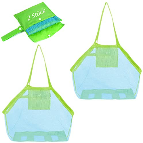 2 Stück Strandtasche Strandspielzeug Tasche XXL Groß für Sandspielzeug Wasserspielzeug für Kinder Aufräumsack Spielsack Badetasche Beachbag Faltbar für Familie Urlaub (Blau Mesh/Grün Strap)