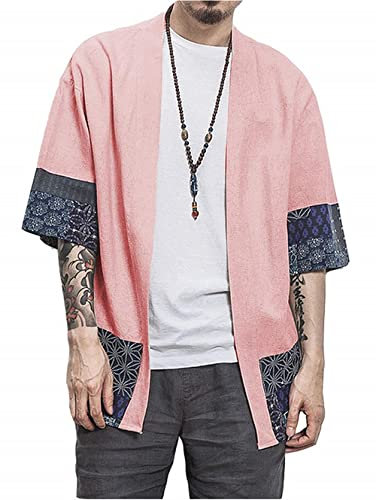 perdontoo Camicia Kimono T-Shirt Uomo Cardigan Giacca Top Casual Camicetta Vintage Elegante Estiva Coppia (Rosa, S)