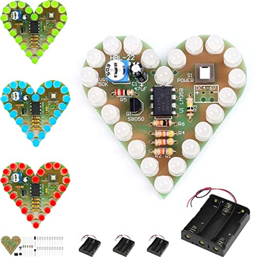 DAOKAI 4Pcs Soldering Practice Kit Heart Shape Breathing Lamp Kit DC 4V-6V Red White Blue Green Color LED Love Heart Shape DIY Electronics Project with Battery Holder
