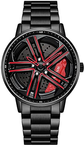 Herren Uhr Kreativ Armbanduhren,Autorad Felgennabenuhr,Auto Rad Felgen Nabe Uhr, Männer Sport Wasserdicht Custom Design Armbanduhr,3D Auto Rad Felge Nabe Quarz Herrenuhr (F-StahlbandSchwarz+rot)