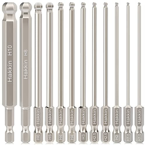 Hakkin 12Pcs Ball End Allen Key Bit Set 100mm Metric Ball End Hex Bits 1/4” Hex Shank S2 Steel Magnetic Allen Wrench Drill bit Set H1.5-H10 hex Key for Furniture Assembly