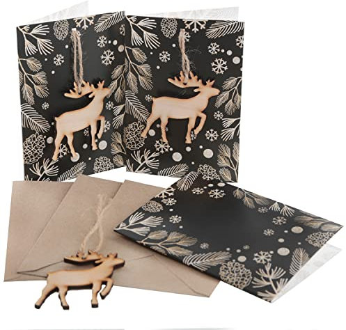 Logbuch-Verlag 3 Weihnachten Karten mit Umschlag + Hirsch Holz Anhänger - Weihnachtskarte Gutschein Grußkarte schwarz gold A6