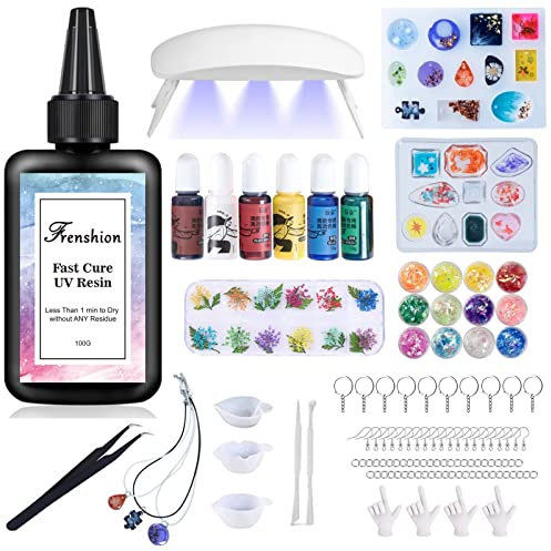 Kit de resina ultravioleta con lámpara, 116 accesorios para la fabricación de joyas, incluidos 100 gramos de resina ultravioleta, pigmentos de color, kit de entrada para la fabricación de joyas