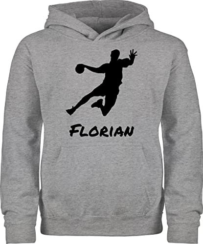 Kinder Hoodie Jungen Mädchen - Geschenke Handball - Handballer Silhouette mit Name - 128 (7/8 Jahre) - Grau meliert - zubehör personalisiertes Pulli von Pullover wm Kapuzenpulli Junge Jungs