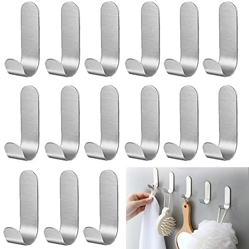 MRMIAN 15 Stück Handtuchhaken, Selbstklebende Haken, Edelstahl-Handtuchhaken, Silberne Kleiderhaken, Küchenhaken, Kein Lochen Nötig, Selbstklebend, Geeignet für Küche, Wohnzimmer, Büro (Silber)
