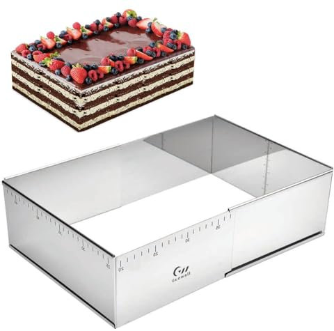 Guowall Adjustable Cake Tin, Rectangular Baking Frame, Stainless Steel Cake Mold, 25-46 cm x 19-36 cm, 10 cm High, Large, Tall Adjustable Baking Tin