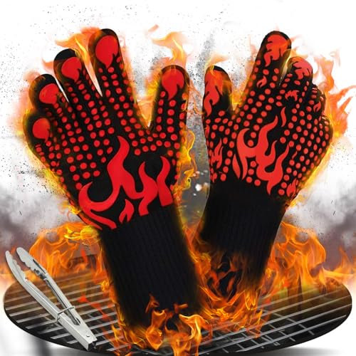 HDKAJL 1Paar Grillhandschuhe, Backhandschuhe, Feuerfeste mit Grillzange Handschuhe Ofenhandschuhe Grillhandschuhe 800 Grad Kaminhandschuhe Topfhandschuhe Hitzebeständig Geeignet zum Grillen Backen Rot