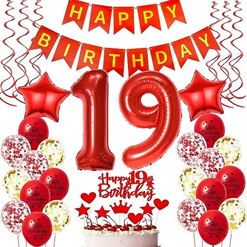 Deko 19. Geburtstag mädchen Rot,Geburtstagsdeko 19 jahre mädchen rot Luftballons 19 Geburtstag dekoration Rot,Folienballon 19 Geburtstag deko mädchen Rot Tortendeko 19 Geburtstag Mädchen deko rot