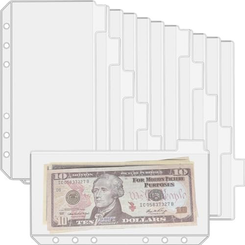 UMSICHT 12 x A6-Ordnertaschen ohne Reißverschlüsse, Budget-Umschläge mit Index-Bit-Design, A6-Ordnertasche für 6-Ringordner, Geldordner, Organizer, transparente PVC-Umschläge, 12 Stück
