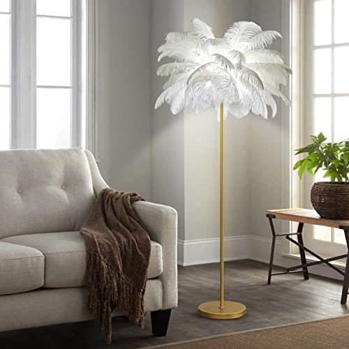 LDIEUWUET Feder Stehlampe Wohnzimmer, Straußenfeder Stehlampen Federlampe mit Fußschalter, Moderne 160cm LED Stehleuchte, Straußenfeder Feder Lampe, für Wohnzimmer, Schlafzimmer, Arbeitszimmer