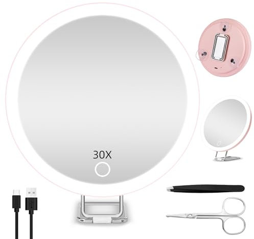 Jadazror Miroir grossissant x30 avec lumières, miroir de maquillage grossissant de 15,2 cm, grossissement 30x élevé avec 3 lumières de couleur à intensité variable – 3 ventouses et support réglable