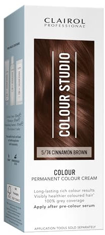 Clairol Colour Studio Permanent Colour Cream | Hair Dye | Long-lasting Rich Tones | 100% Grey Coverage | Dermatologically Tested Vegan Formula | Hair Colouring Kit | Cinnamon Brown 5/74 I 50ml