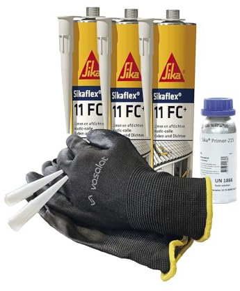 Sikaflex 11 FC betongrau 3x 300ml mit Primer 215 und 5x Düsenspitzen - ideal für die Verklebung und Abdichtung von Holz